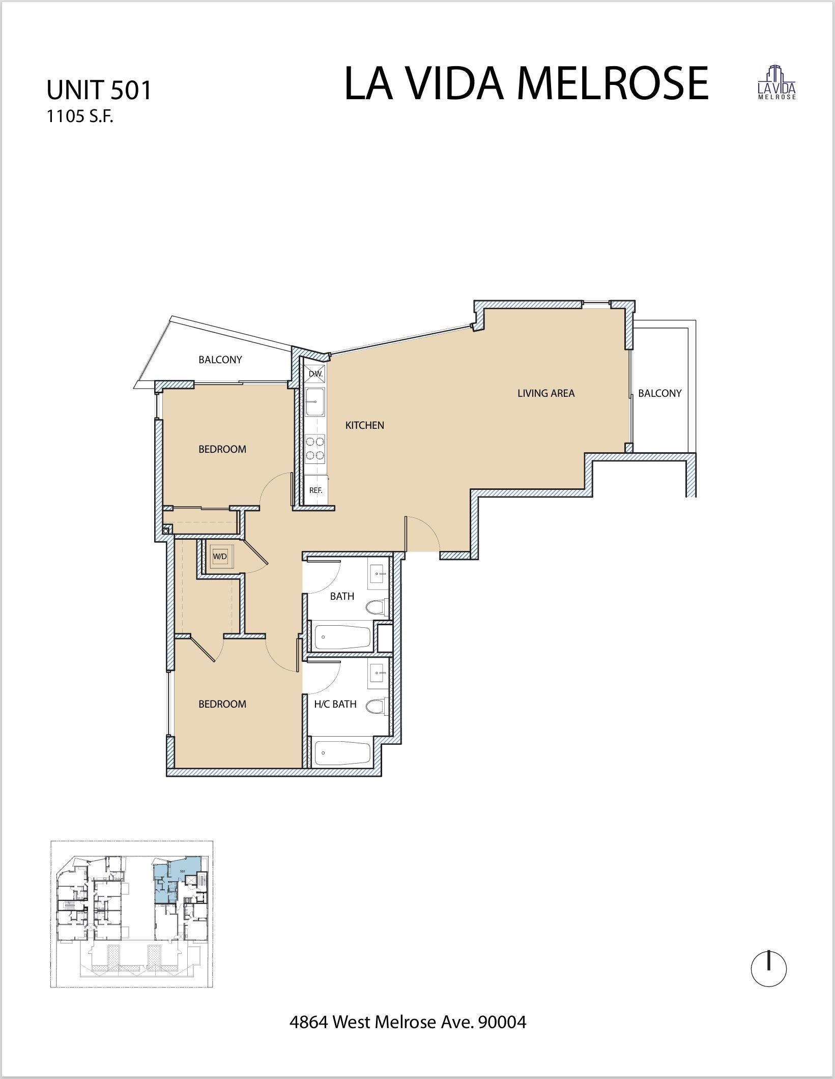 Floor plan of La Vida Melrose apartment. Layout includes rooms, dimensions, and building features.