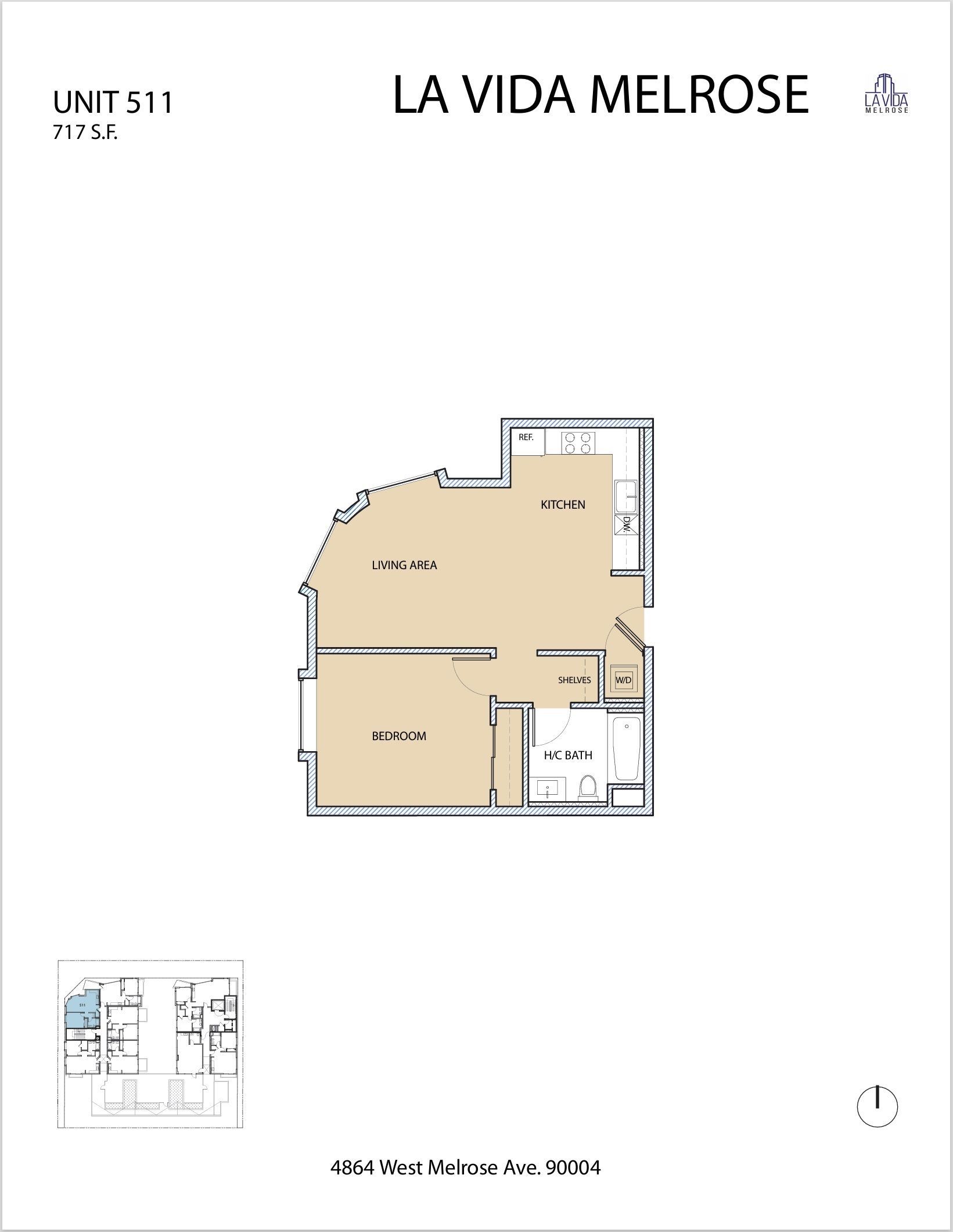 Floor plan for a unit at La Vida Melrose apartments, showing rooms and layout in tan and white.