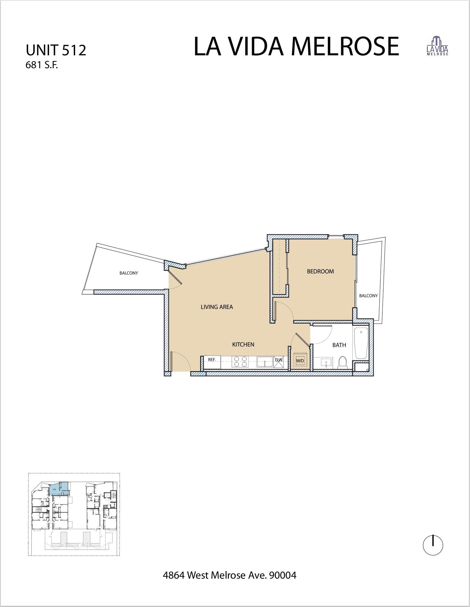 Floor plan of a unit at La Vida Melrose. Shows living spaces, a bedroom, and a patio.