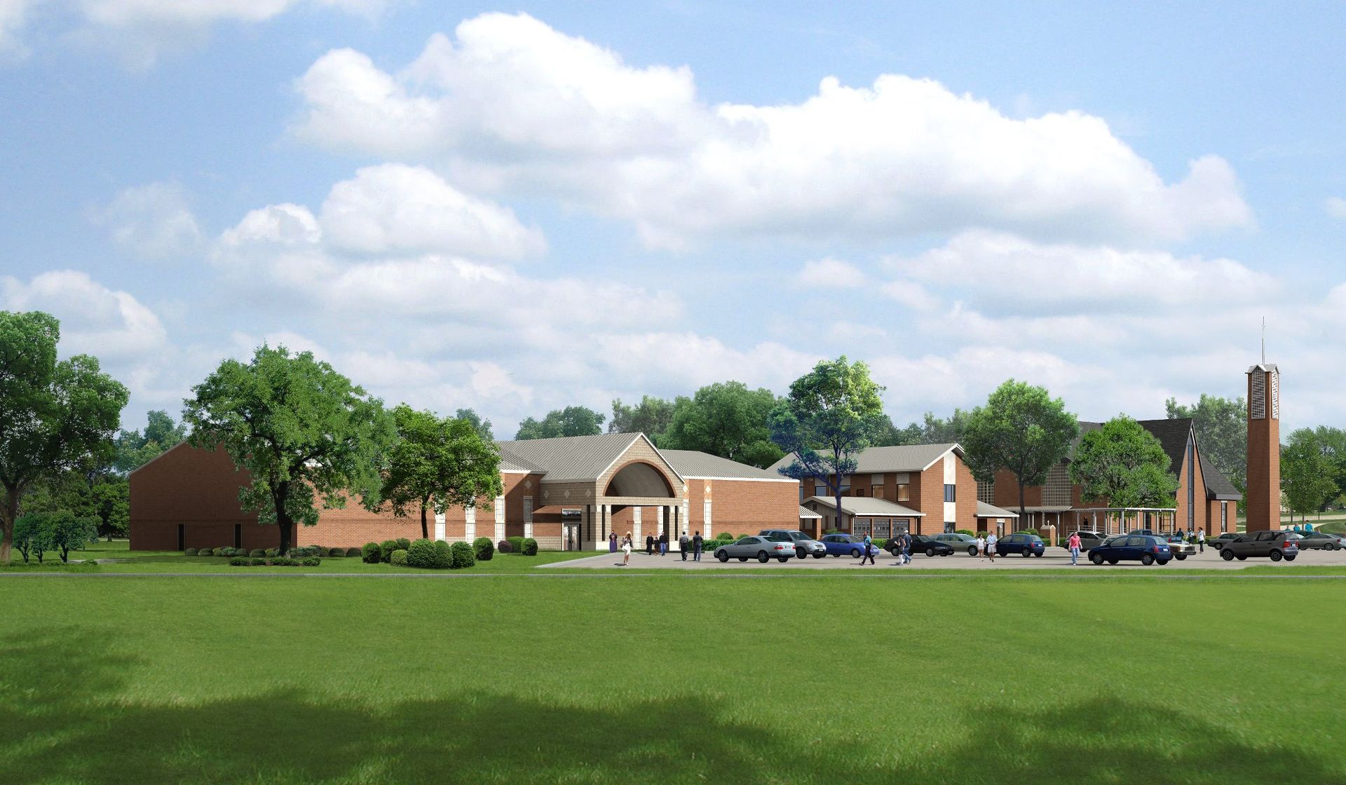 An artist's impression of a brick building with cars parked in front of it.