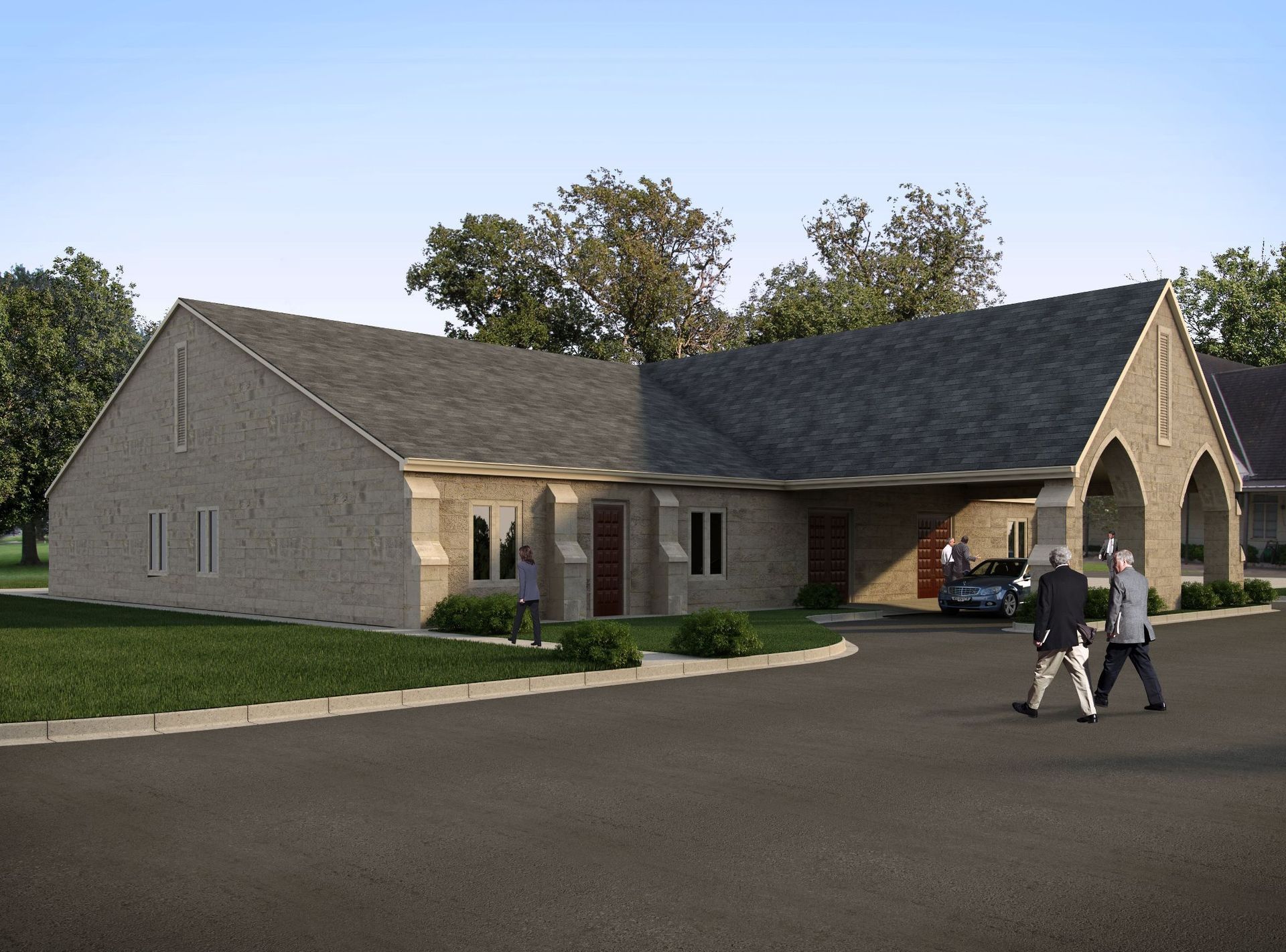 An artist's impression of a church with a car parked in front of it.