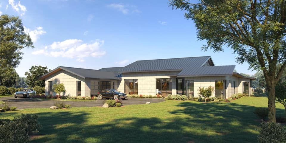 An artist's impression of a house with a car parked in front of it.