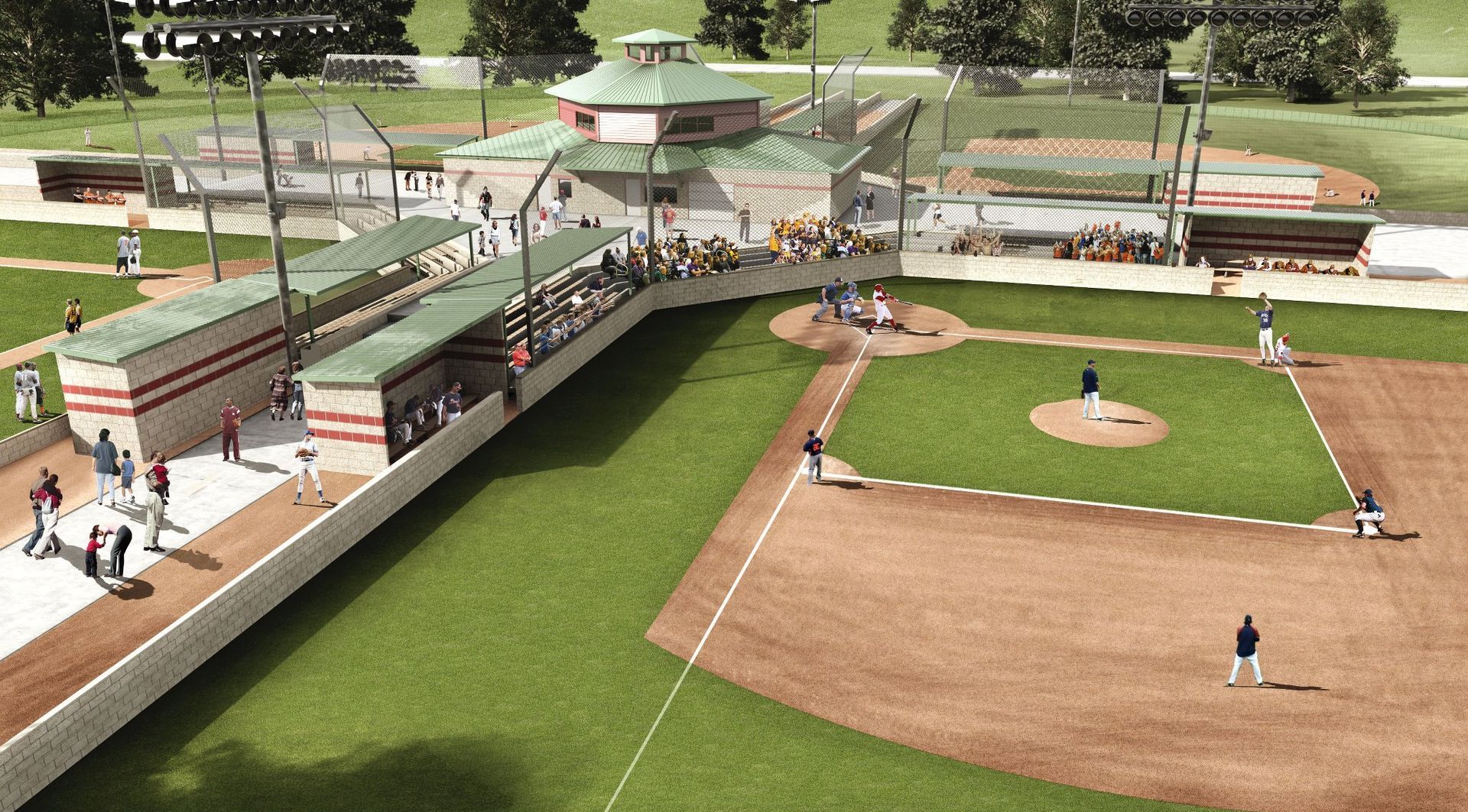 An aerial view of a baseball field with a stadium in the background.