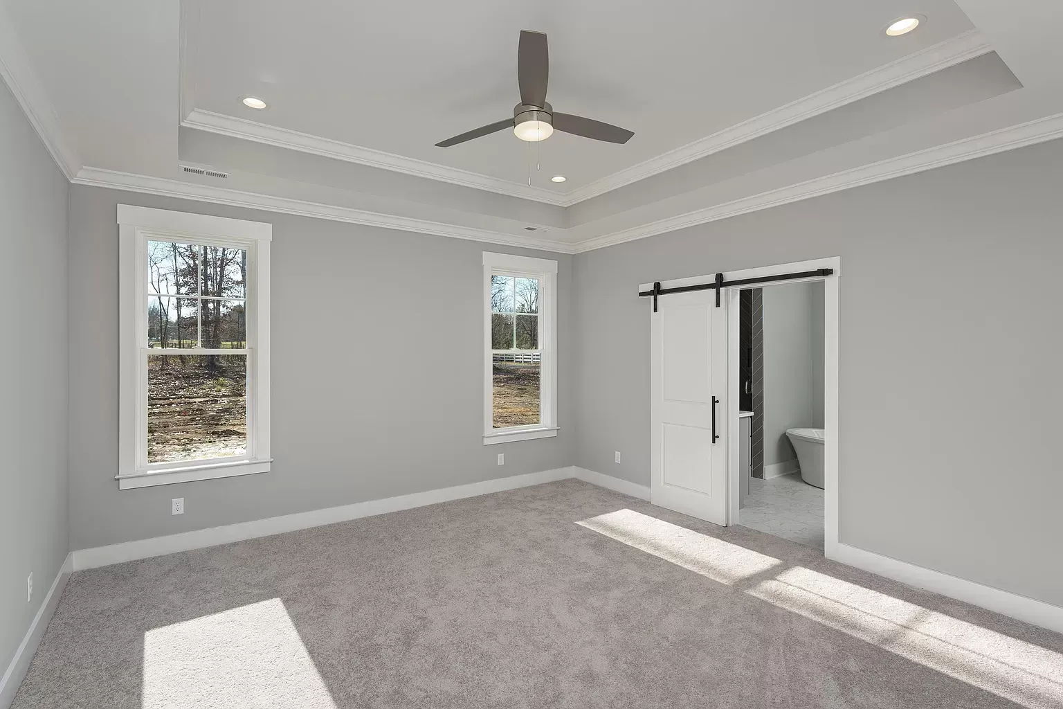 a bedroom with a ceiling fan and a sliding barn door