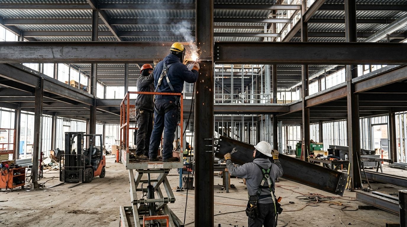 Workers on scaffolding installing steel beams inside an unfinished industrial building.