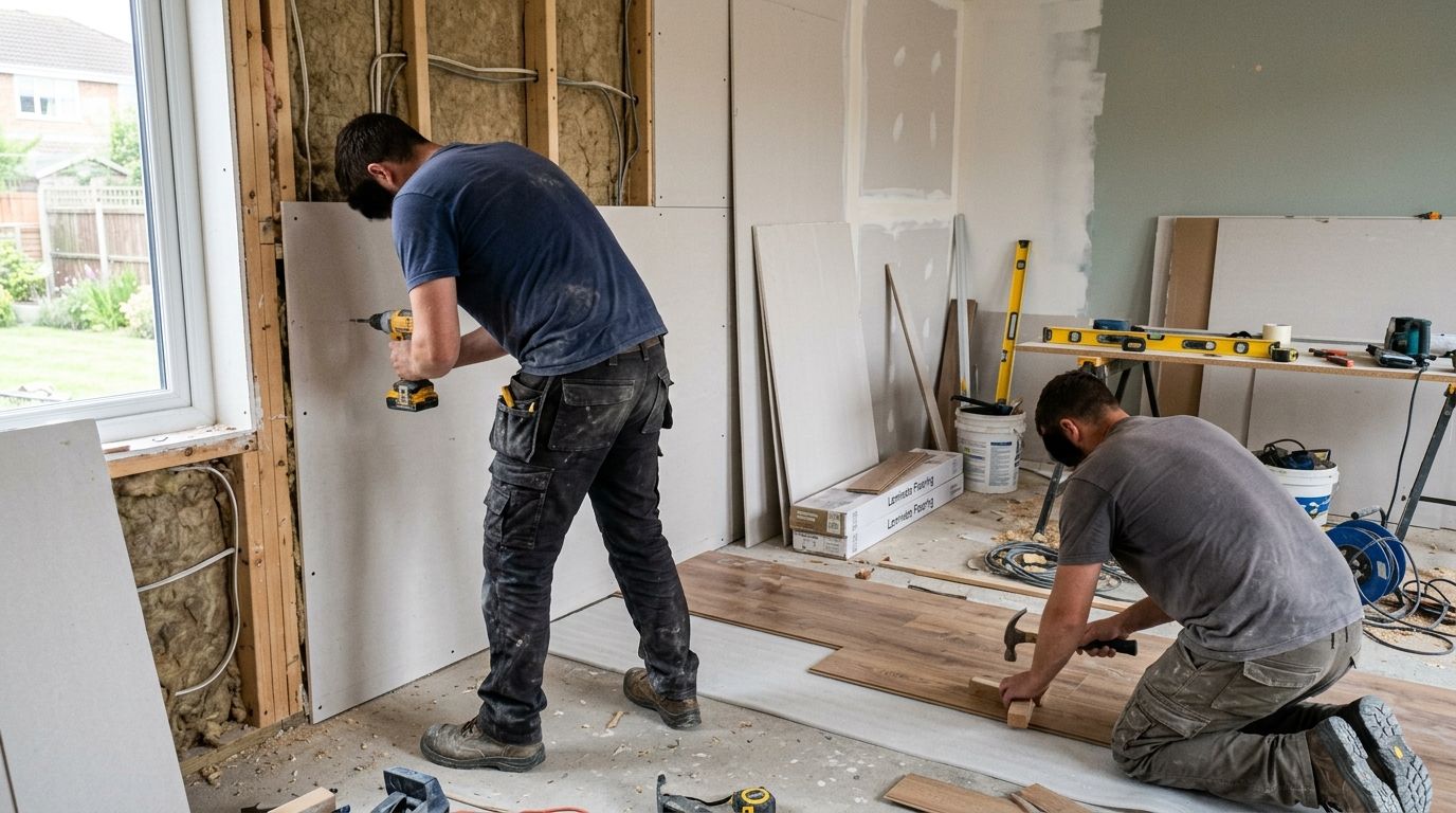 Two workers installing drywall in a room under renovation, with tools and exposed wall studs.