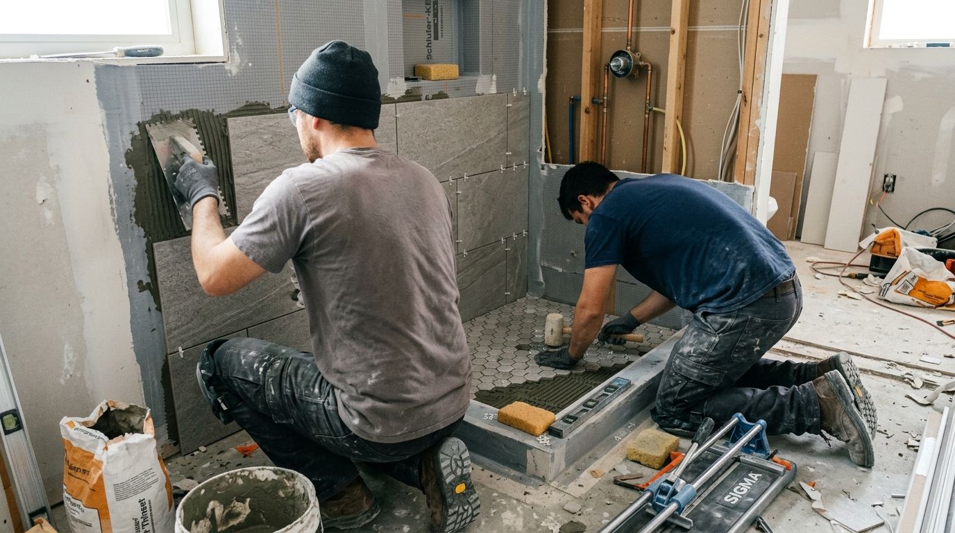 Two workers installing gray wall tiles in a dusty, unfinished room with tools and materials scattered around.