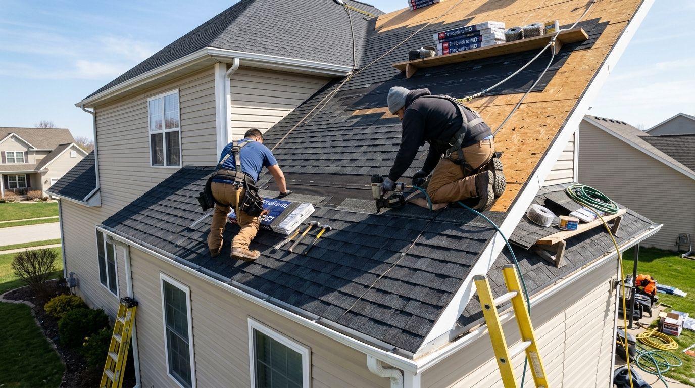 Workers repairing a house roof with shingles and ladders on a sunny day
