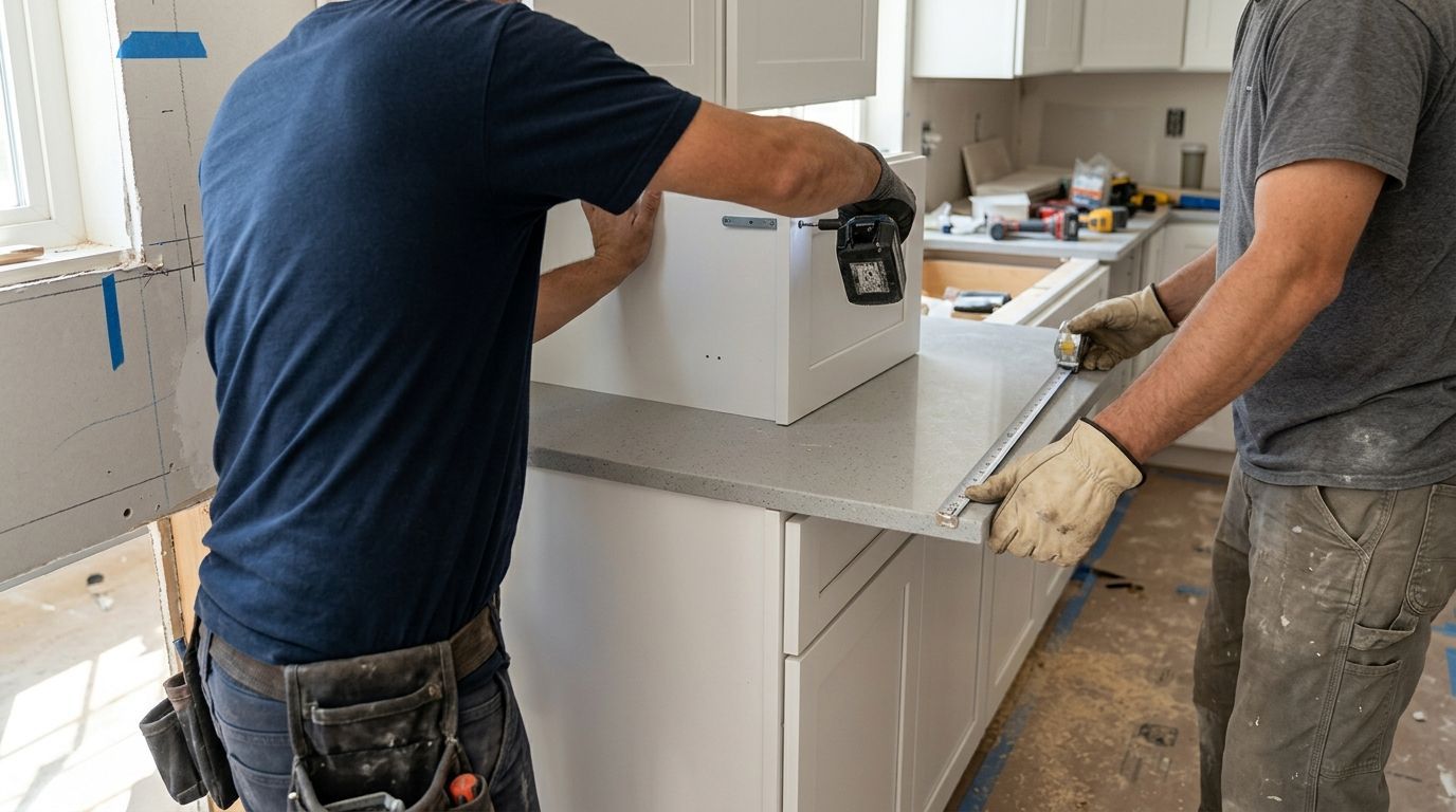 Two workers installing a white kitchen island countertop in a renovated room