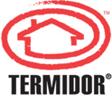 A red circle with a house inside of it and the word termicor on it.