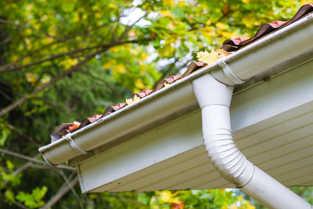 White gutters with leaves, attached to a brown roof and the side of a house, with blurred trees in the background. — The Roofer Troopers (NSW) in Rutherglen, VIC