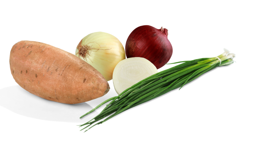 A sweet potato , onions , and green onions on a white surface.