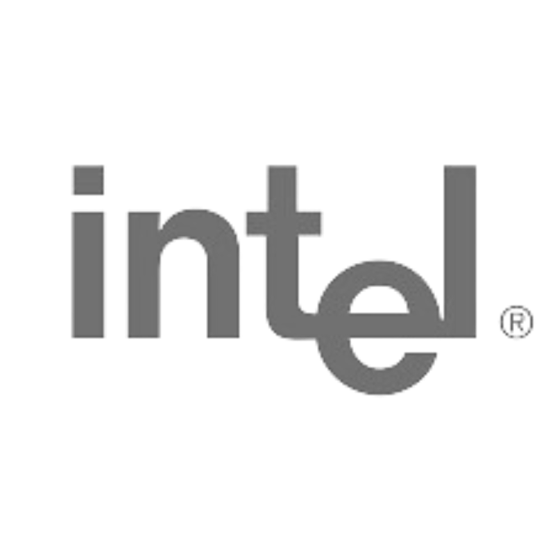 The intel logo is a gray logo on a white background.