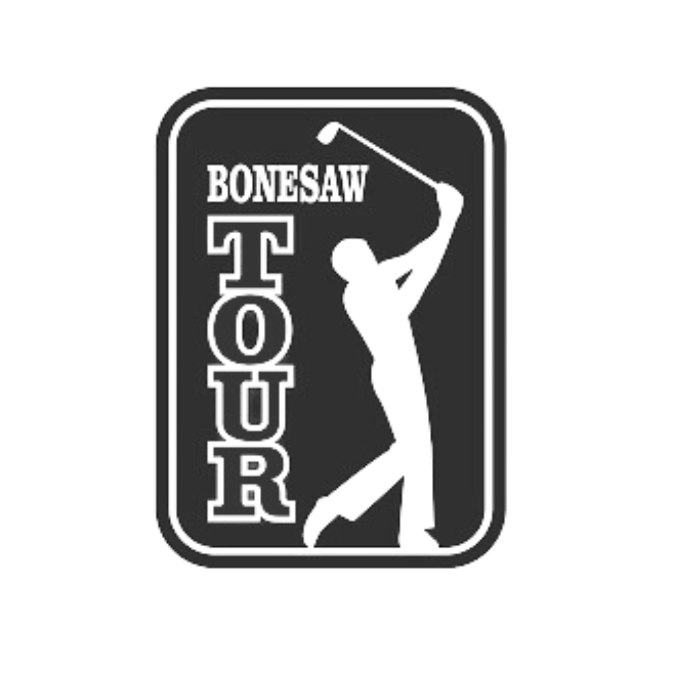 A logo for the bonesaw tour with a golfer swinging a golf club