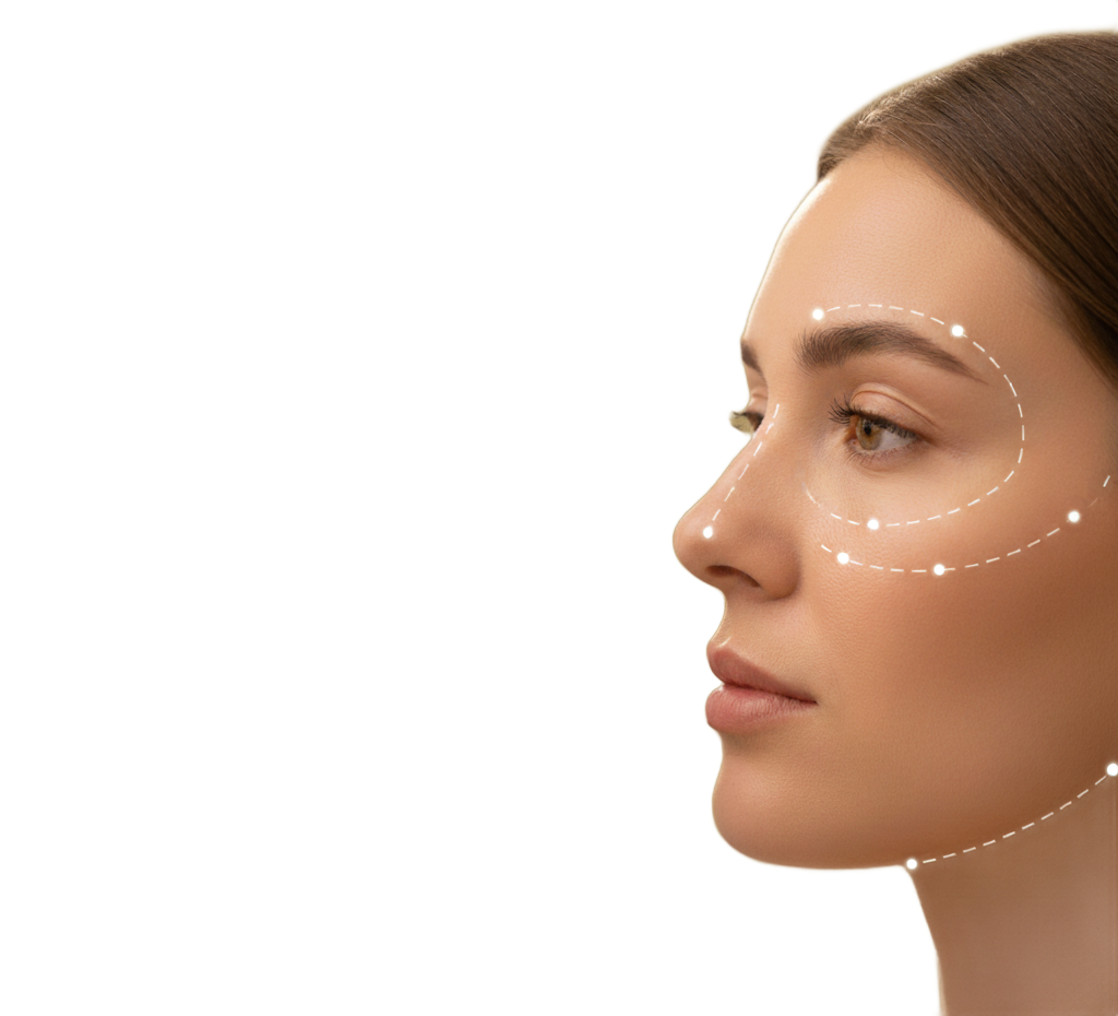 Frau mit gepunkteten Linien im Gesicht, Profilansicht.