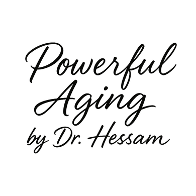 Logo „Powerful Aging“ in Schreibschrift mit dem Schriftzug „by Dr. Hessam“ darunter.