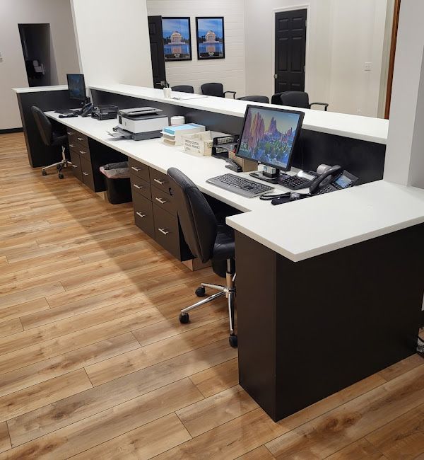 Commercial Casework Reception Desk Counter Business White Black Modern Hutchison Brothers Cabinetry Russellville AR