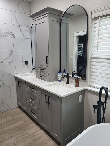 Residential Bathroom Cabinet Double Sink Solid Surface Counter Hutchison Brothers Cabinetry Russellville AR