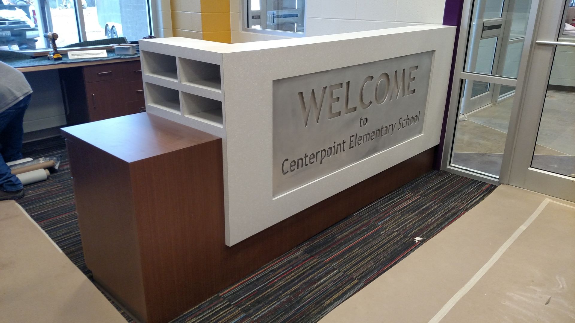 Commercial Casework Reception Desk Welcome Hutchison Brothers Cabinetry Russellville AR