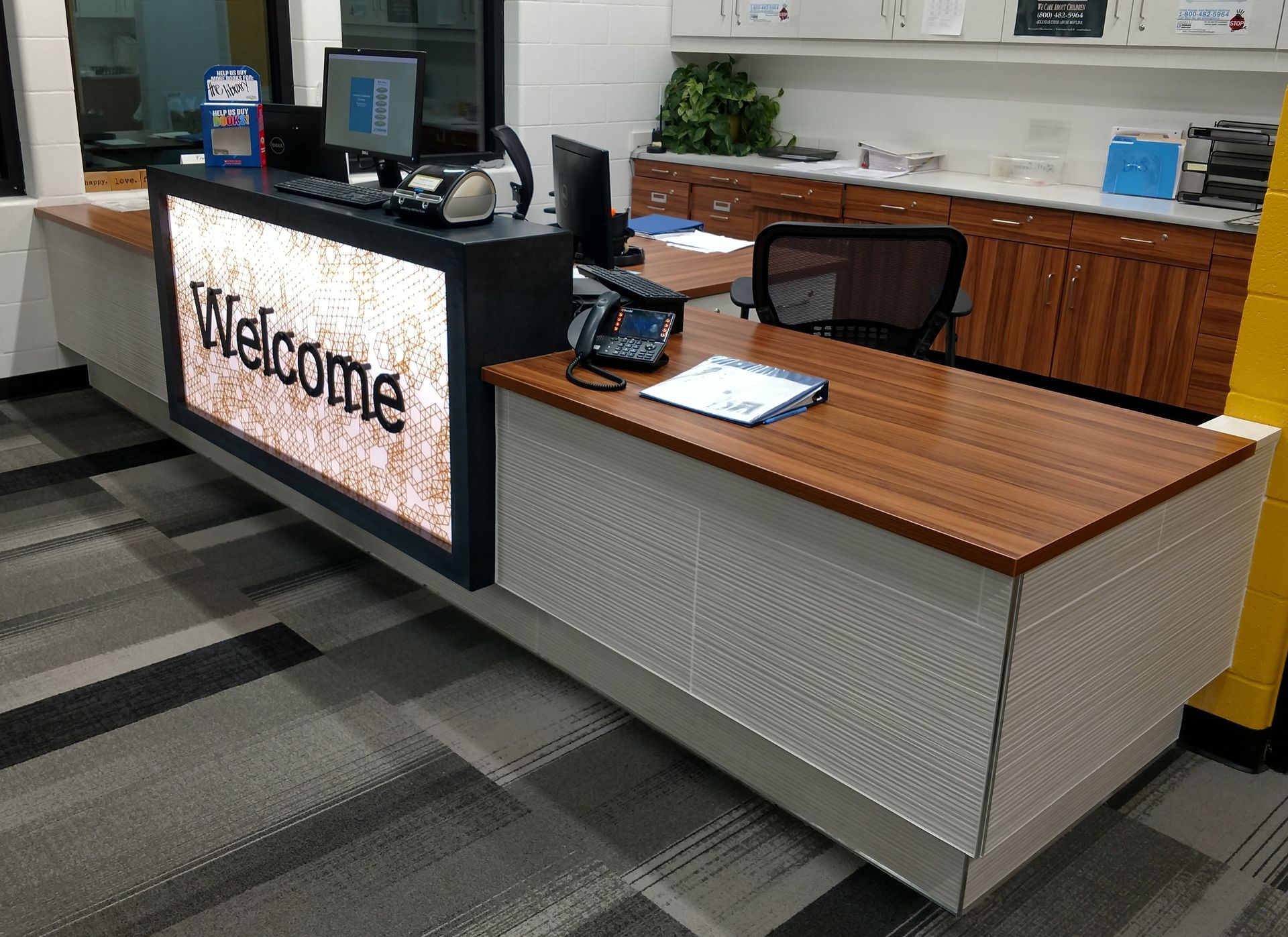 Reception media desk custom millwork Hutchison Brothers Custom Fabrications Russellville Ar Arkansas