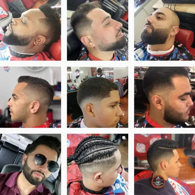 Nine men with various hairstyles, likely at a barbershop.