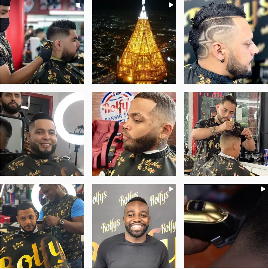 Instagram grid featuring barbers, haircuts, and tools.