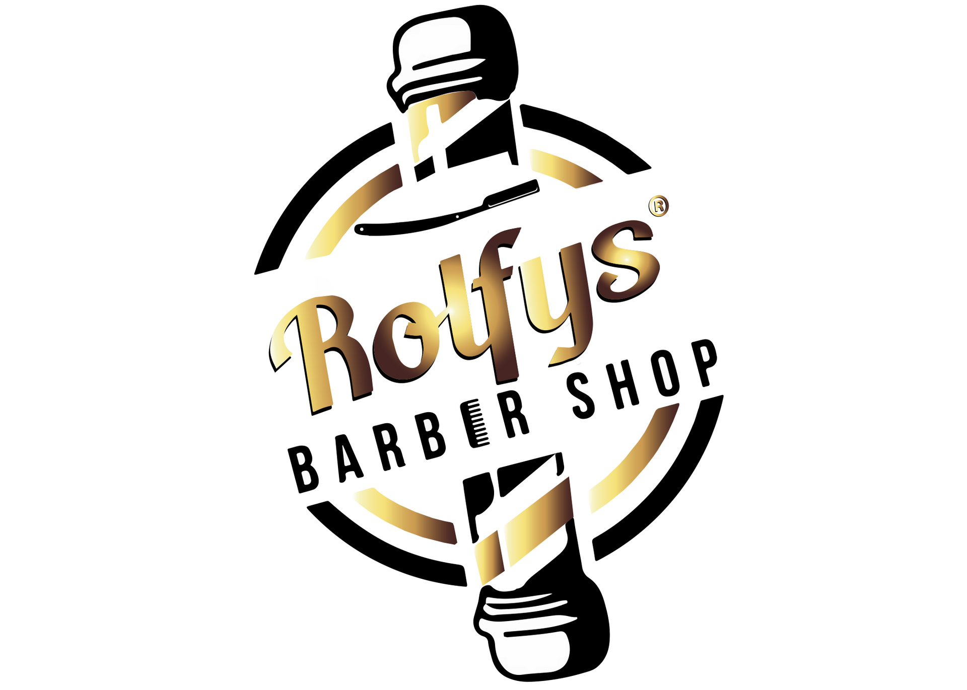 Logo for Rolfy's Barber Shop, featuring a barber pole, gold text on black circle.