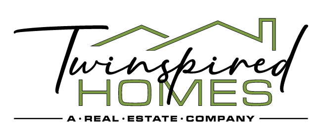 Logo for Twinspired Homes, a real estate company, with text in black and olive green featuring a roofline graphic.