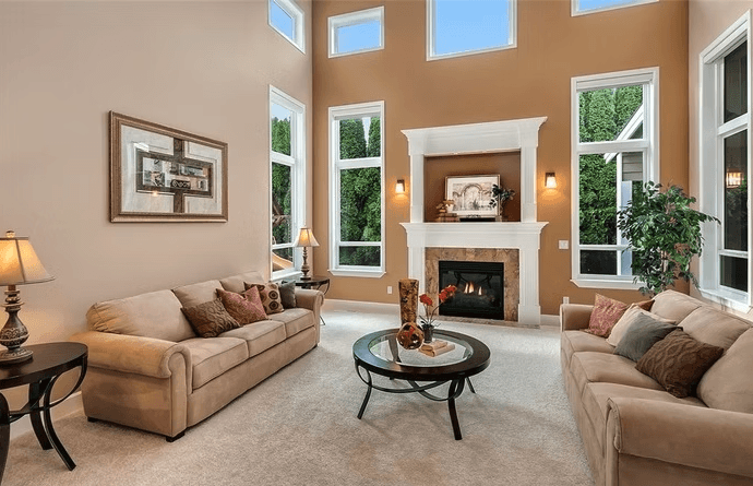 A living room with two couches and a fireplace