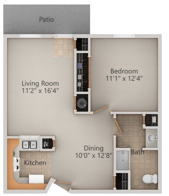 Floor plan of an apartment with a patio, living room, bedroom, dining area, kitchen, and bathroom.