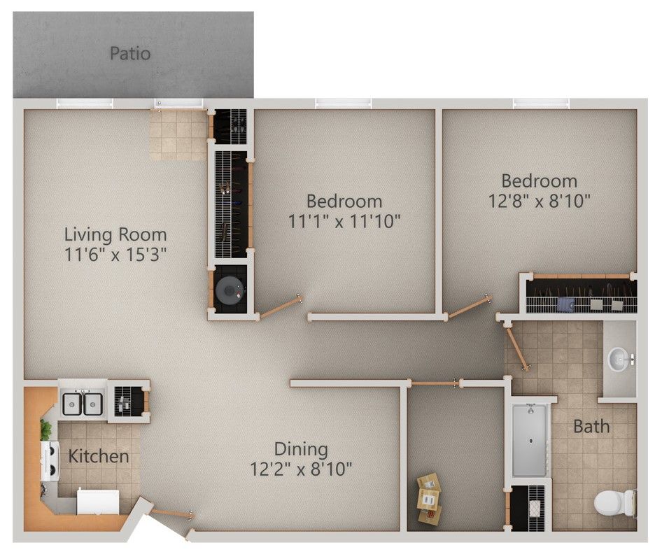 Floor plan of a two-bedroom apartment with a kitchen, living room, dining area, and patio.