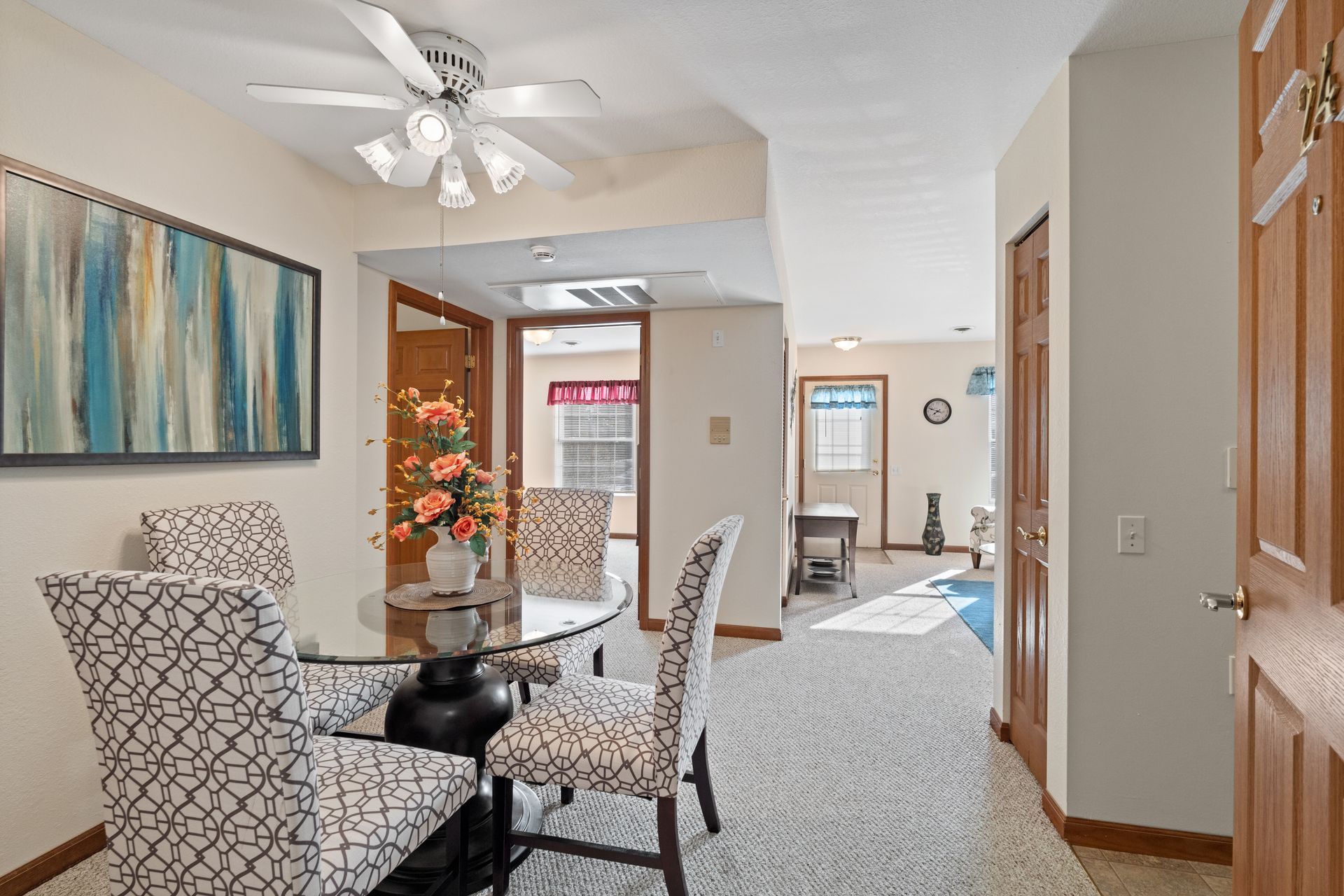Photo of a hallway with a table to sit at