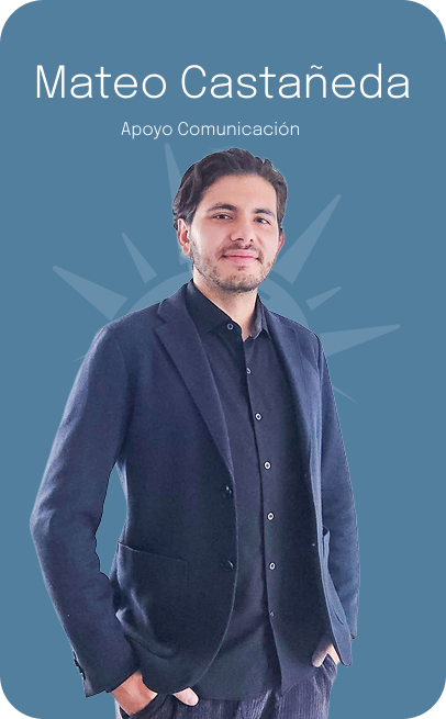 Mateo Castañeda, "Apoyo Comunicación" on a business card. Smiling man wearing a dark blazer over a dark shirt. 