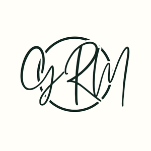 A handwritten logo for a company called gz rm on a white background.