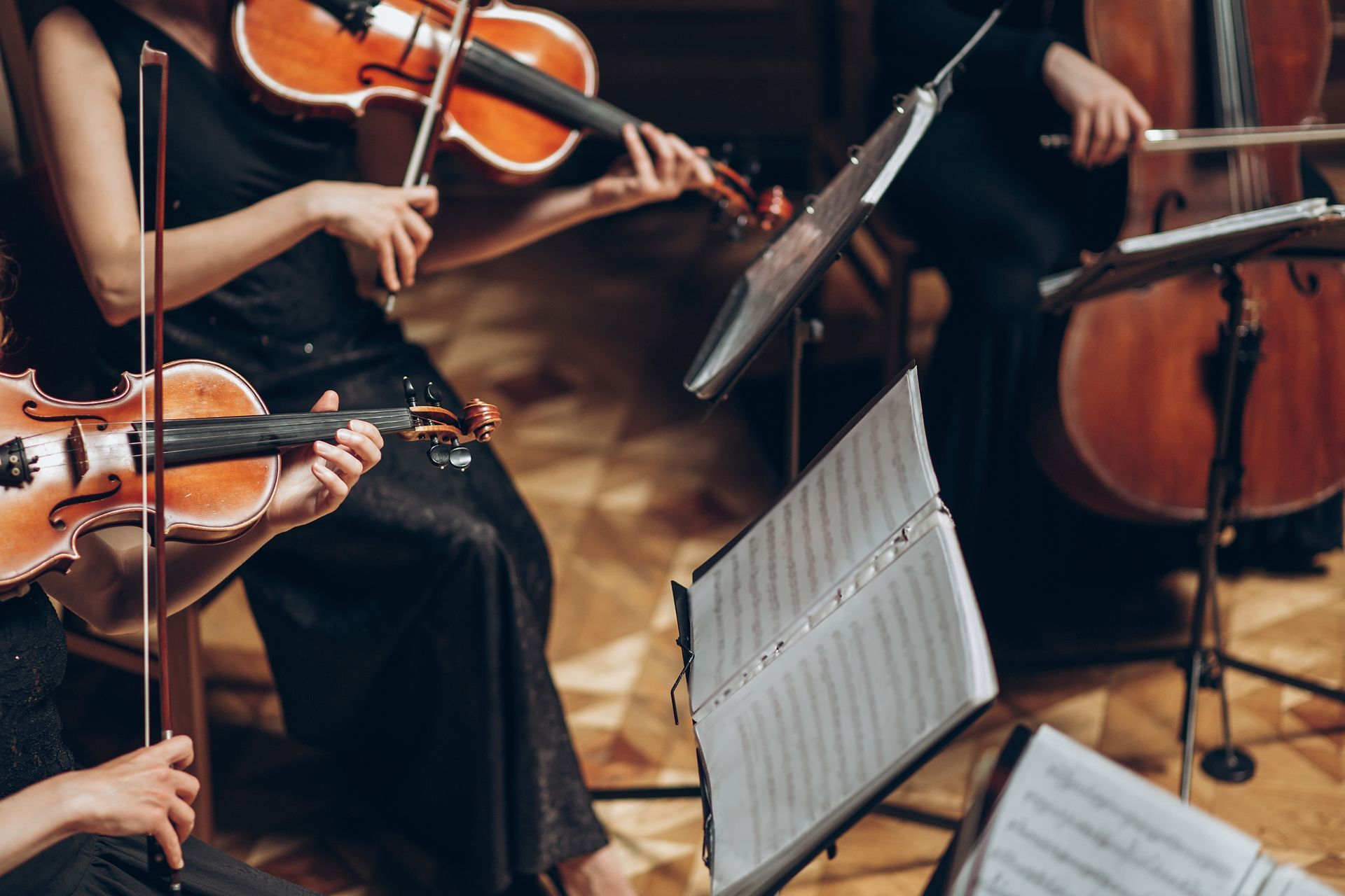 A group of people are playing violins and cello in an orchestra.