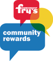 A logo for fry 's food and drug stories with a speech bubble that says community rewards