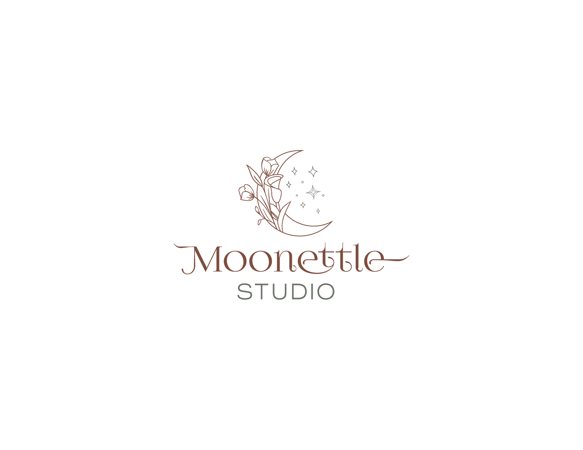 A logo for Moonettle Studio featuring a crescent moon with floral accents and star motifs in a minimalist line-art style.