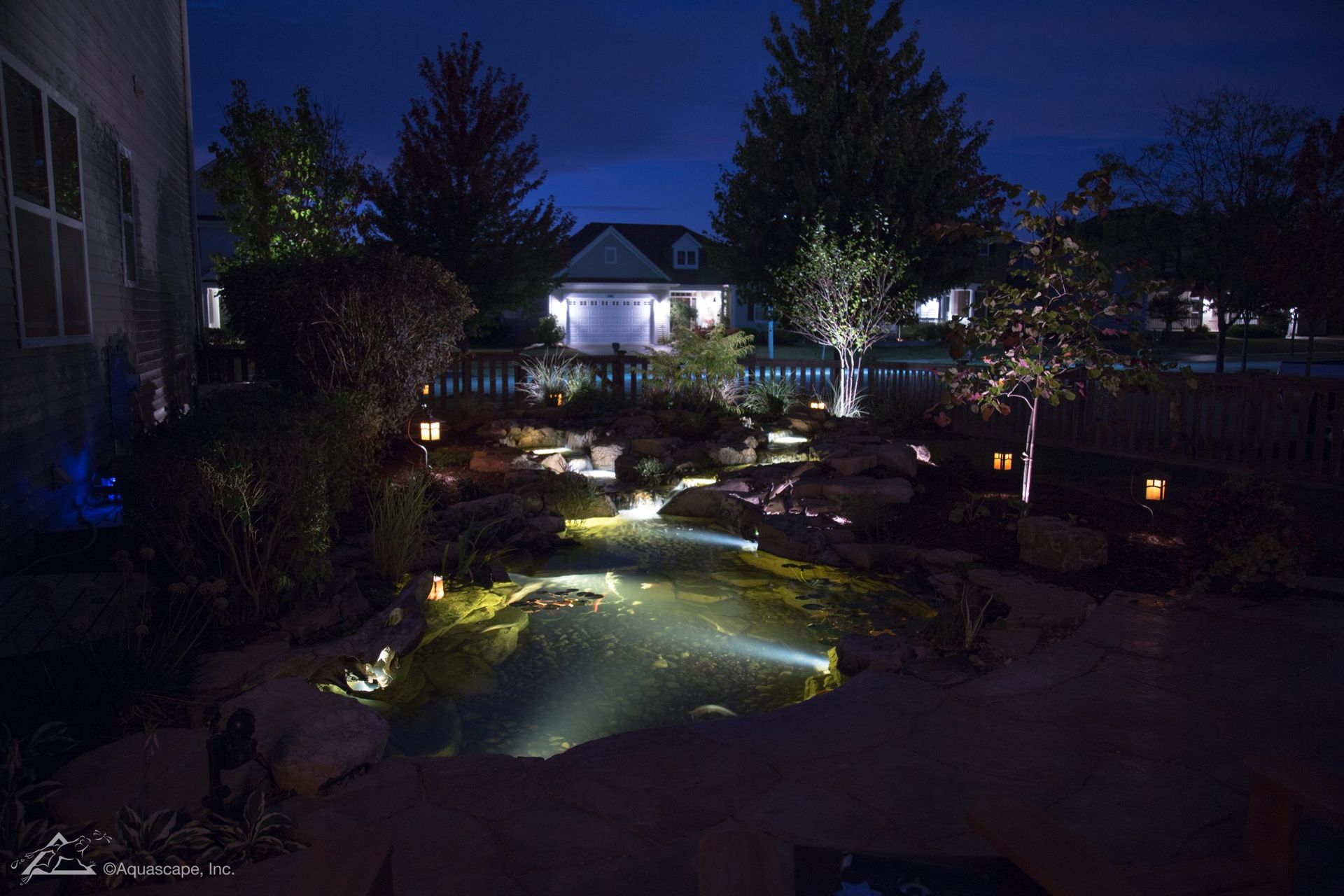 Nighttime view of a backyard pond with illuminated plants and surrounding landscape. Dark blue sky, warm lighting.