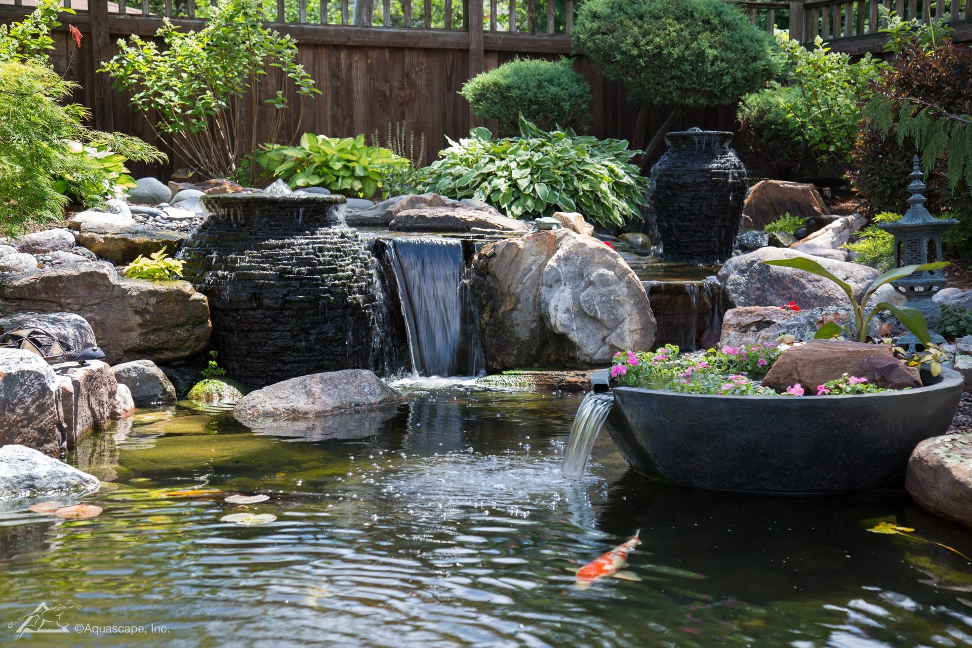 Water garden with waterfall, koi, and surrounding plants and rocks.