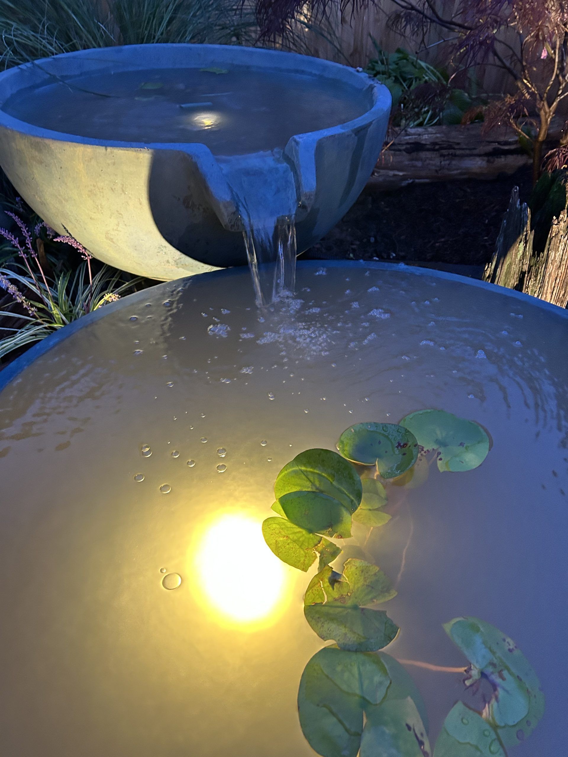 Water fountain with two concrete bowls; water cascades down, illuminated by an underwater light; lily pads float.