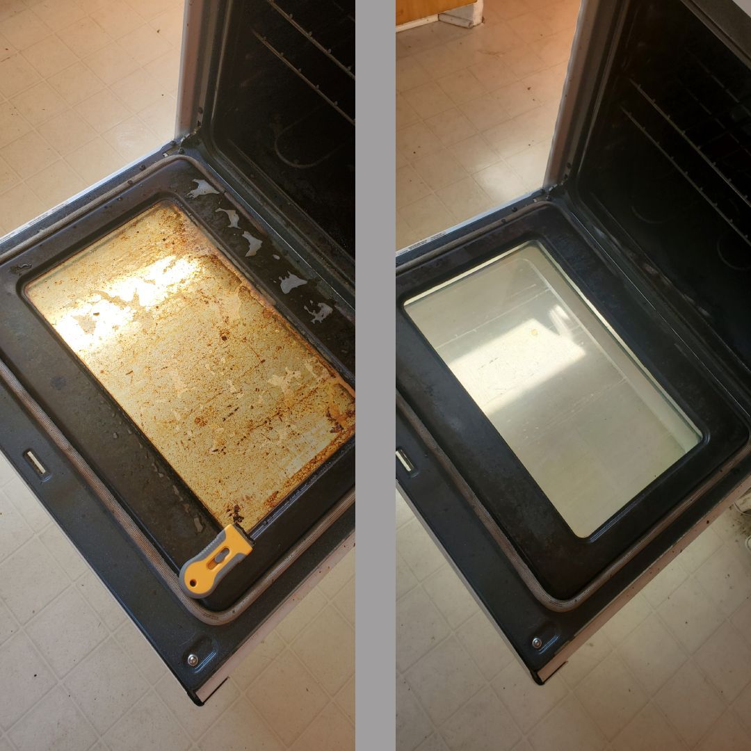 Before and after view of an oven interior. The before is dirty, the after is clean.