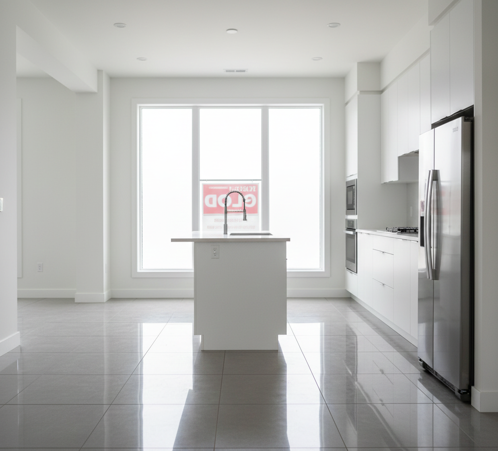 Modern white kitchen with island, large window, stainless steel appliances.