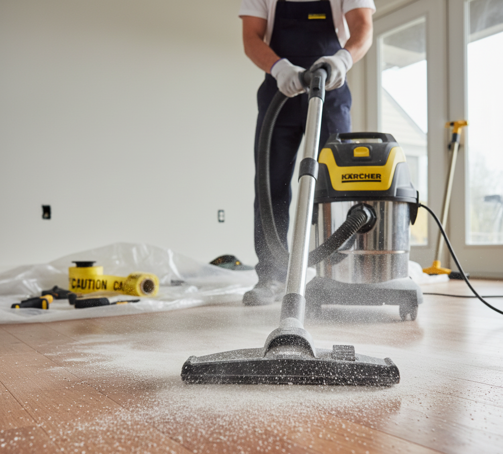 Person vacuuming construction dust from a wooden floor with a commercial vacuum in a room under renovation.