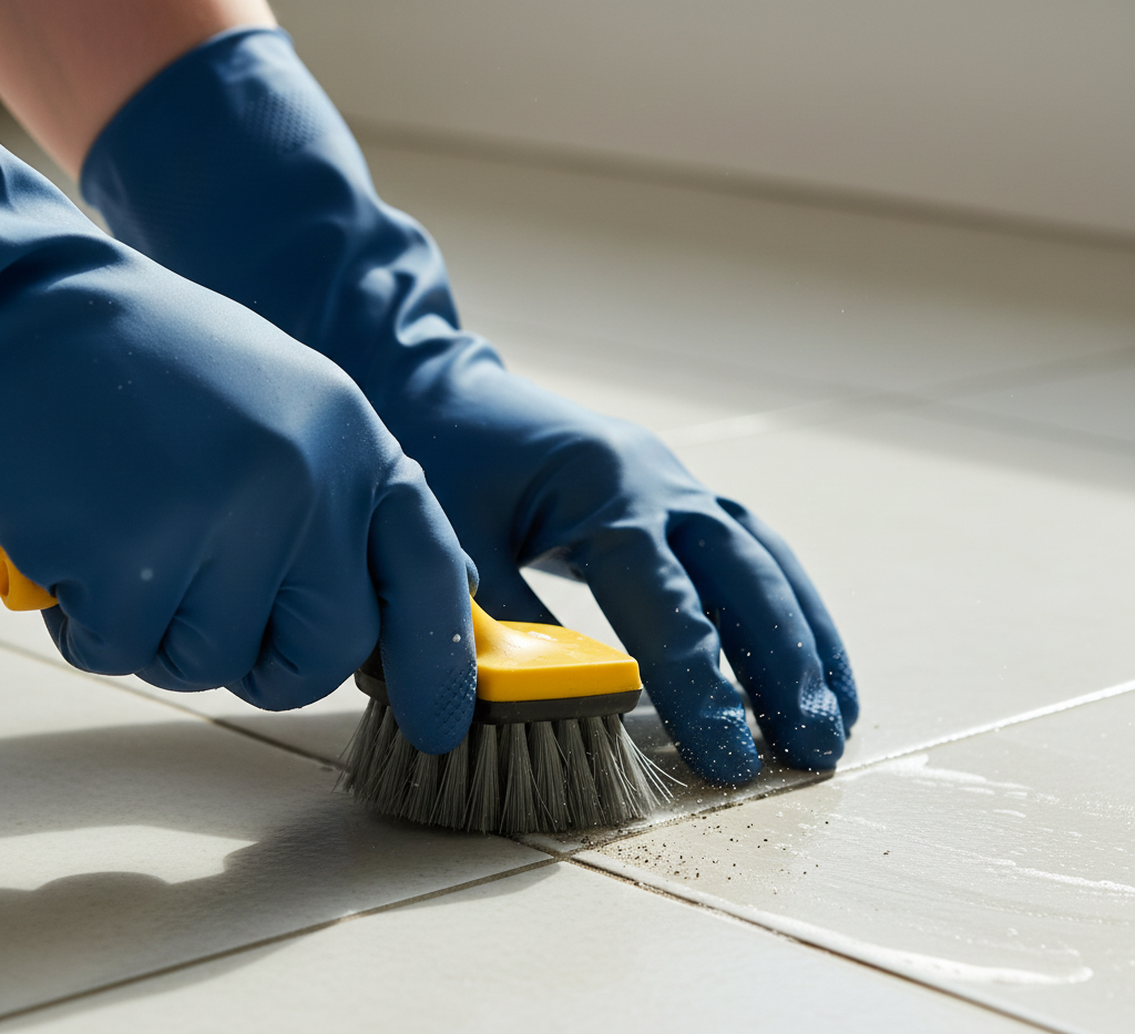Hands in blue gloves scrubbing tile grout with a yellow brush.