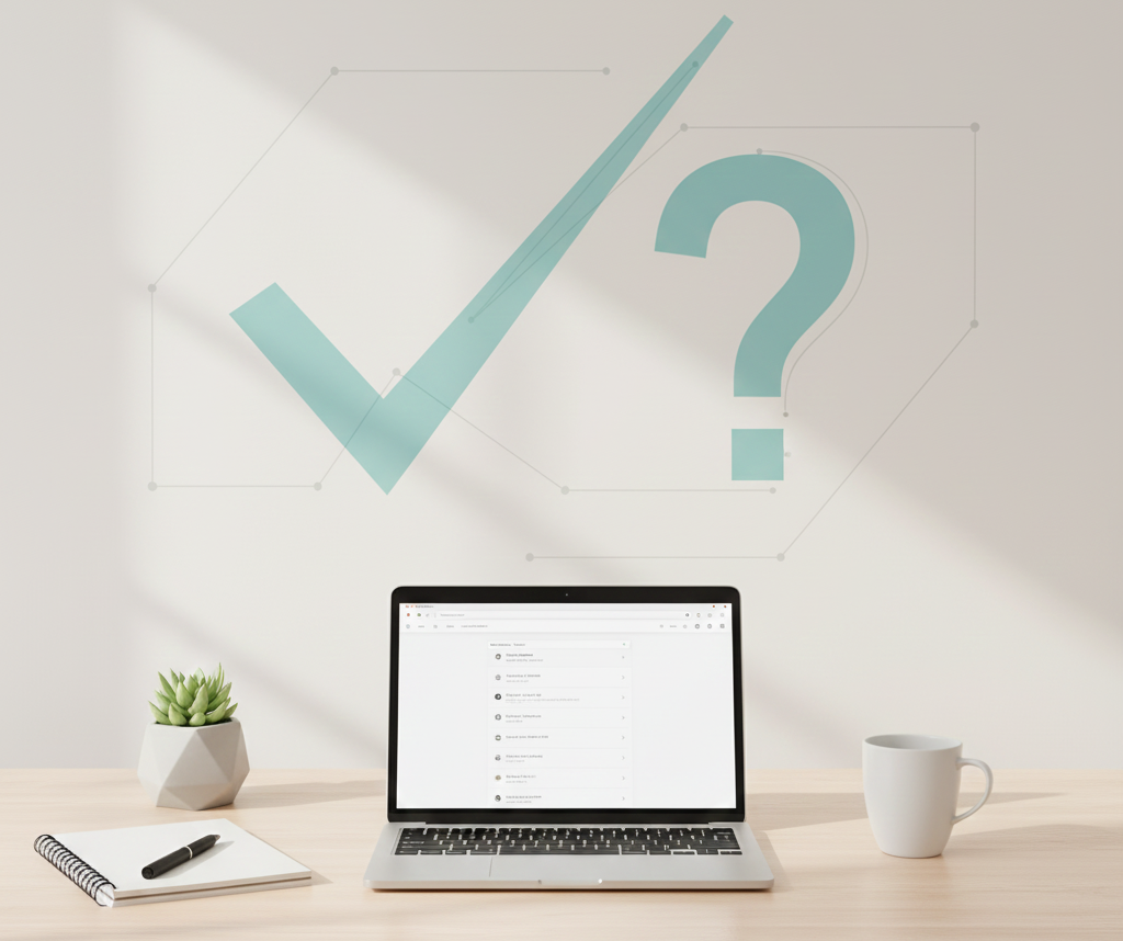 Laptop on desk with check mark and question mark graphic in background.