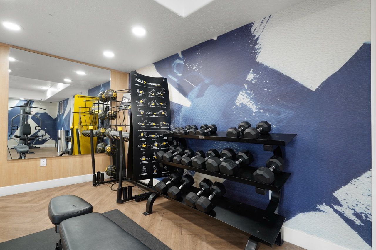 Gym area in a residential amenity space with dumbbell rack, weights, and a mirror.
