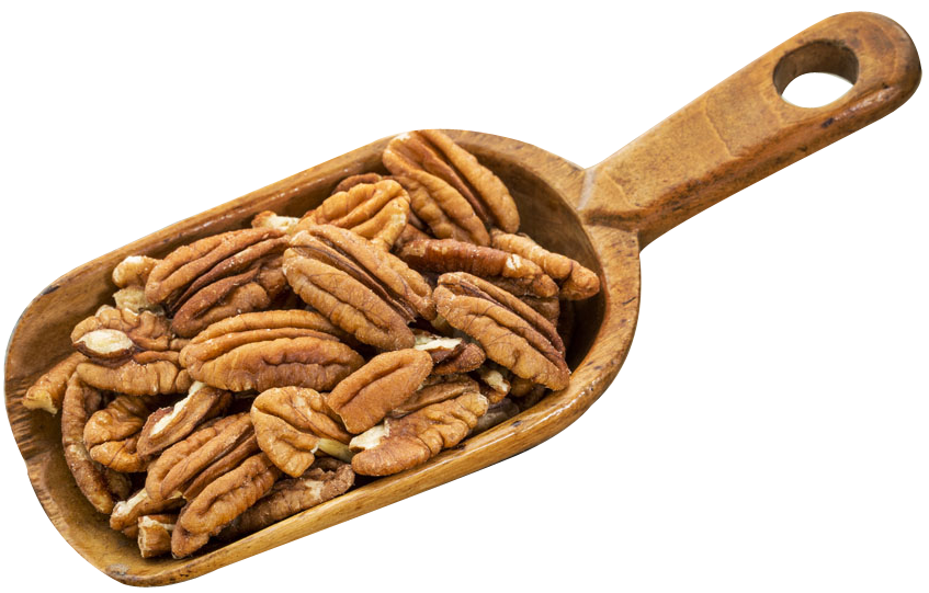 Pecan halves in a wooden scoop.