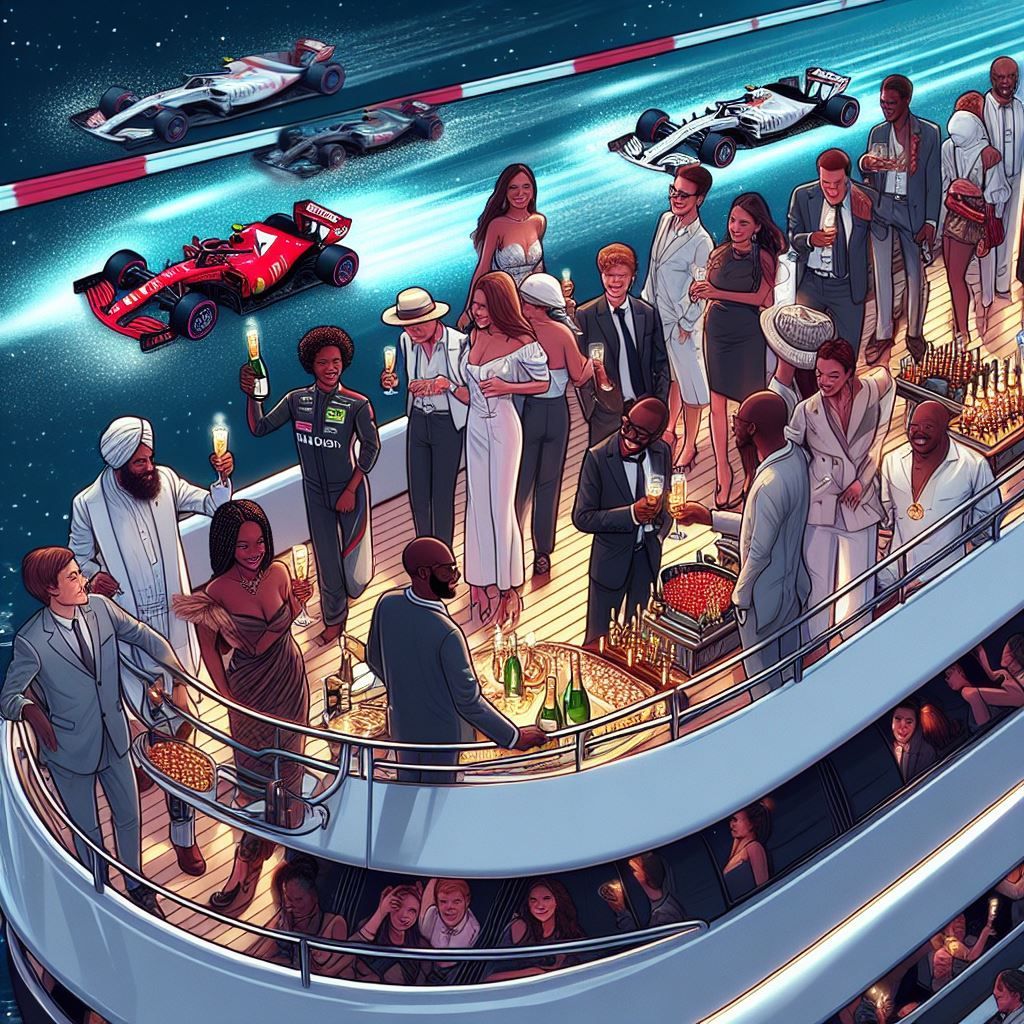 A group of people standing on a boat with a racing car in the background