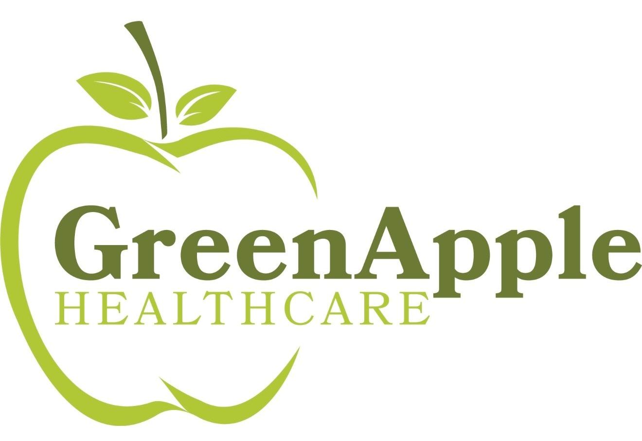 The green apple healthcare logo is a green apple with leaves on it.