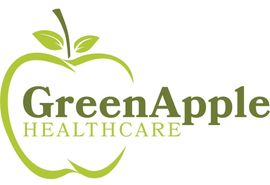 The green apple healthcare logo is a green apple with leaves on it.